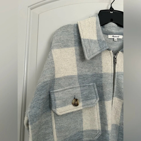 Madewell Boiled 100% Wool Half-Zip Popover Sweater Plaid Blue & White Size XS - Picture 8 of 14